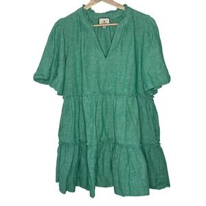 Tuckernuck‎ Green Linen Cotton Blend Tiered Ruffle V Neck Mini Dress Medium